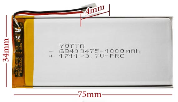 ابعاد باتری لیتیوم پلیمر 403475 ظرفیت 1000 میلی آمپر