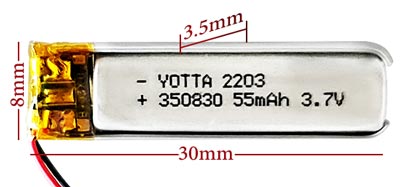 ابعاد باتری لیتیوم پلیمر 350830 ظرفیت 55 میلی آمپر
