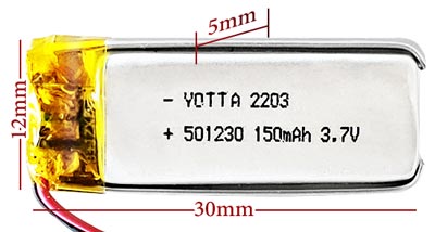 ابعاد باتری لیتیوم پلیمر 501230 ظرفیت 150 میلی آمپر