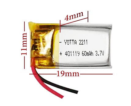 ابعاد باتری لیتیوم پلیمر 401119 با ظرفیت 60 mAh