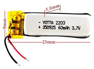 ابعاد باتری لیتیوم پلیمر 350925-60 ظرفیت 60 میلی آمپر