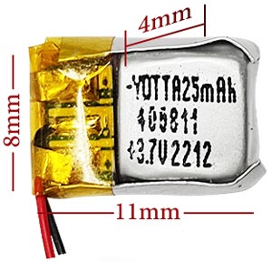 ابعاد باتری لیتیوم پلیمر 400811 ظرفیت 25 میلی آمپر