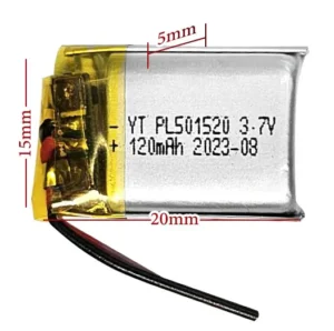 ابعاد باتری لیتیوم پلیمر 501520 ظرفیت 120 میلی آمپر